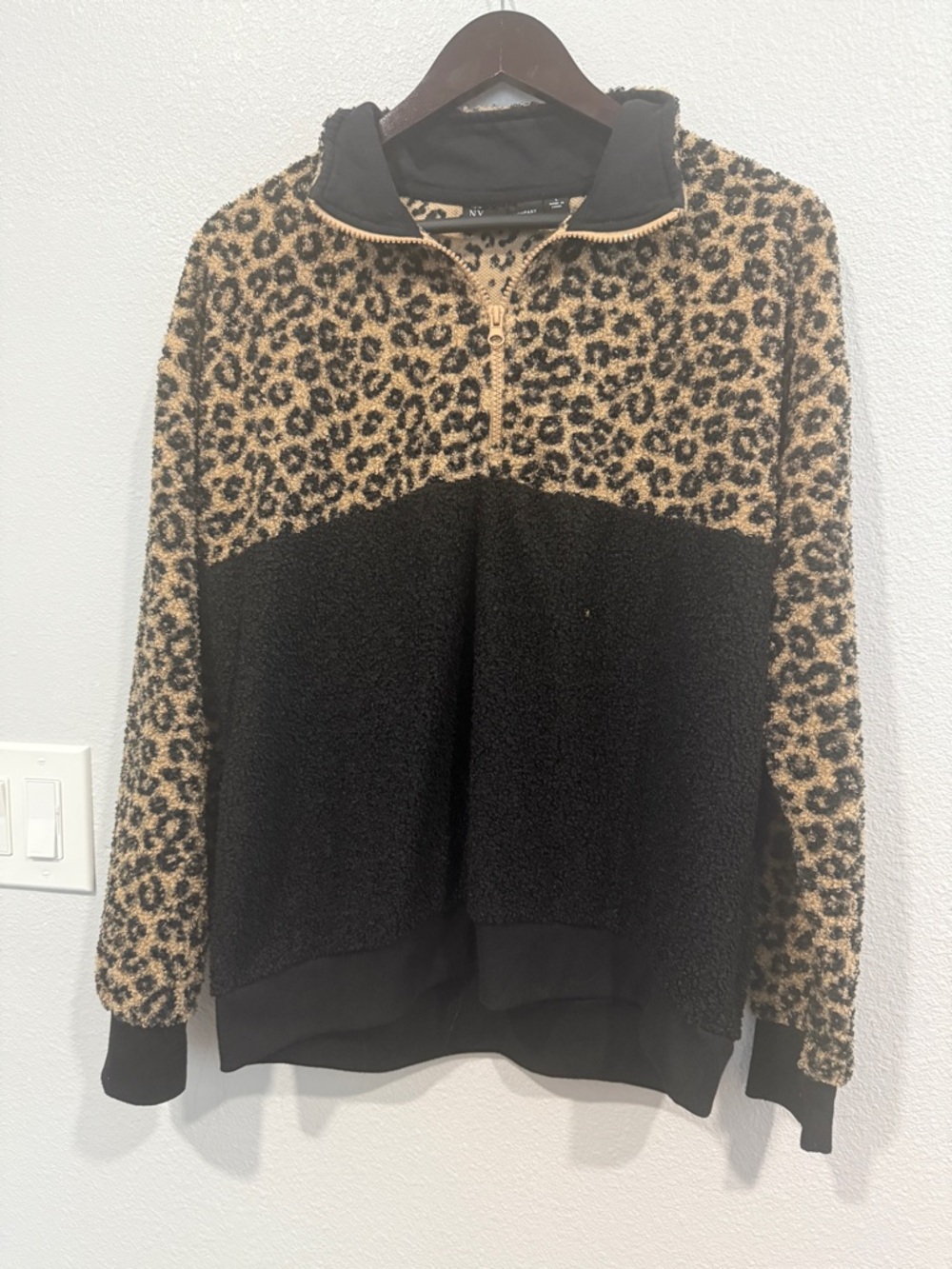New York & Company Cheetah Leopard Print Half-Zip Fleece Pullover - Black & Tan